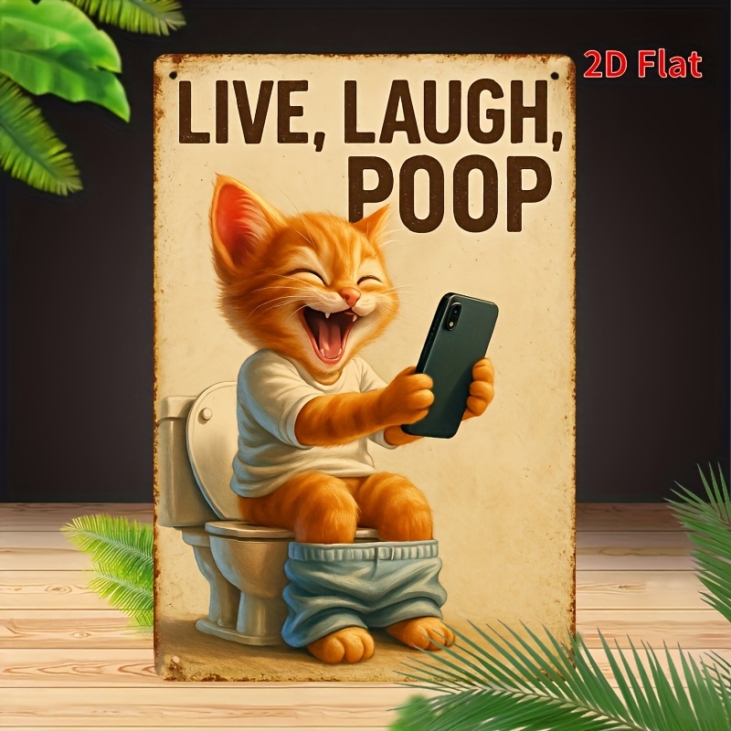 Home Bathroom Wall Decor - Funny Cat on Toilet Metal Wall