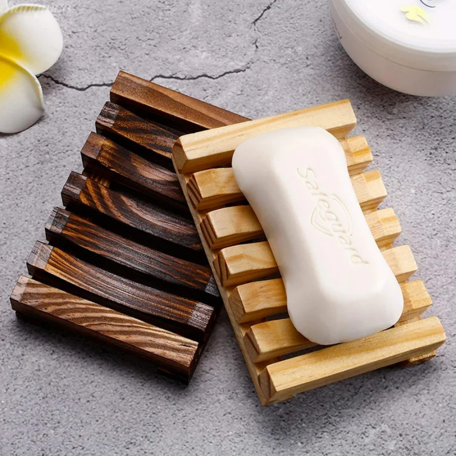Home Essentials Bathroom Organizer - Natural Bamboo Soap Holder, Wooden Draining