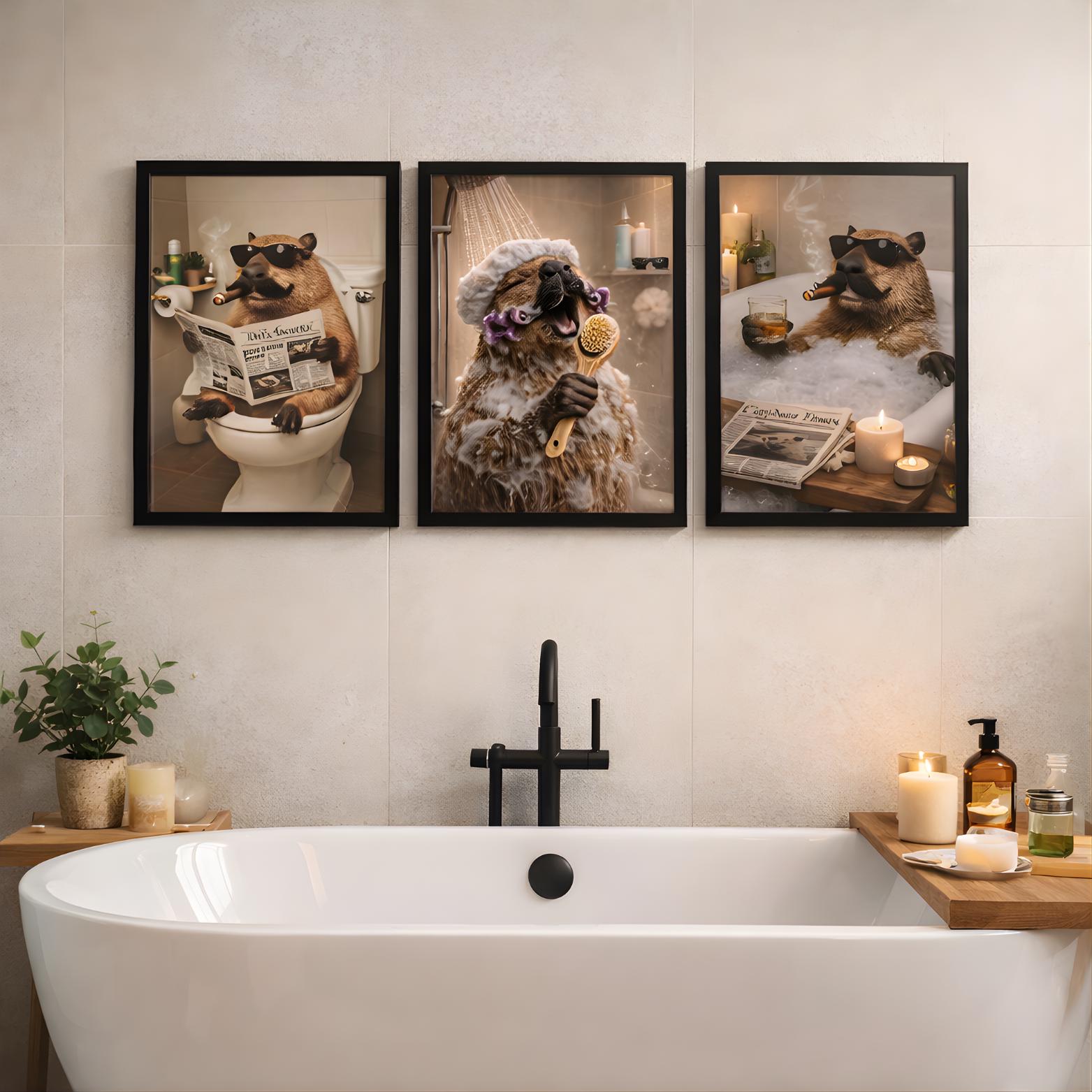 Home Bathroom Wall Art - 3PCS Frameless,3pcs Humorous Capybara Bathroom Wall